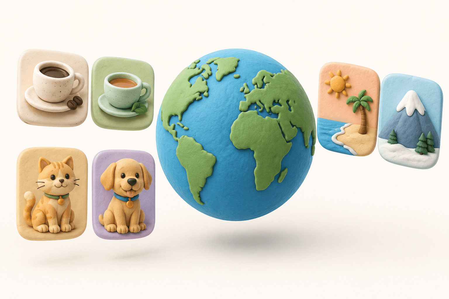 A colorful globe surrounded by everyday choices: coffee and tea, cats and dogs, beach and mountains